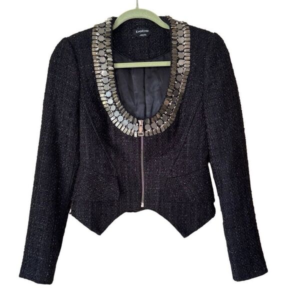 Bebe Women's Beaded Black & Gold Fitted Tweed Zip Up Blazer Size 6 - Picture 1 of 9